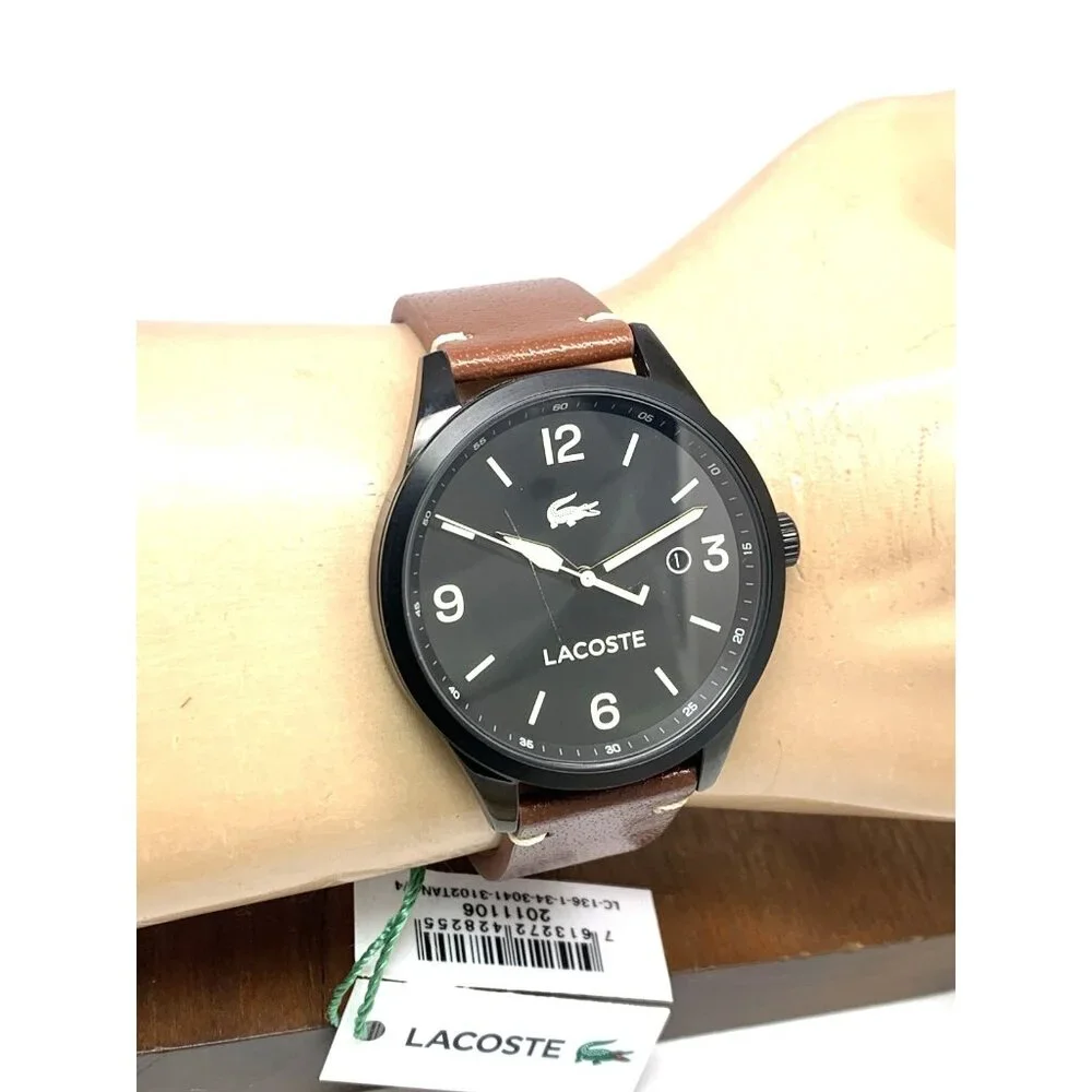 Lacoste Men's Watch 2011106 Traveler Quartz Black Dial Brown Leather Band 43mm